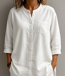 abordables -Chemise en coton pour femme, couleur unie, élégante, décontractée, manches 3/4, col haut, régulière, blanc, bleu marine, bleu, beige, printemps, automne, hiver, été