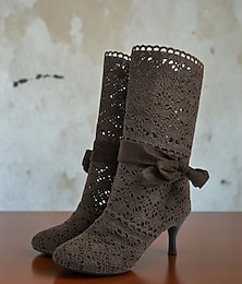 baratos -Botas femininas de cano médio, de crochê marrom com renda, salto gatinho e laços - botas sociais estilo vitoriano eduardiano dos anos 1900 para mulheres, ideais para trajes de outono, fantasias e chás