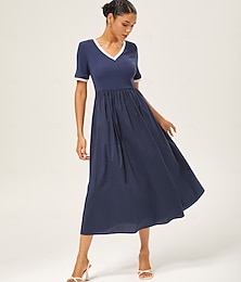 preiswerte -Weiblich Freizeitkleid Dunkelblau Kurzarm Kurze Ärmel Einfarbig Sommer Frühling Herbst V Ausschnitt Elegant Modern XS S M