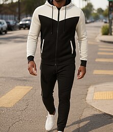 Недорогие -Муж. Спортивный костюм Штаны Куртка с капюшоном Капюшон Карман на молнии Контрастных цветов Наборы одежды Наступила зима Белый Военно-зеленный Тренажерный зал Тренировки Бег С защитой от ветра