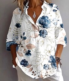 economico -Per donna Camicia Floreale Grafico Vintage Tropicale Quotidiano Manica Lunga Colletto a Camicia Top Regolari Lavoro Quotidiano Ferie Bottoni Stampato Blu Marrone Verde Estate Primavera Autunno