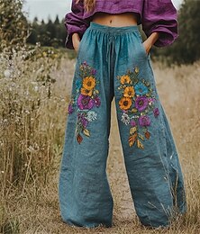 baratos -Mulheres Perna larga Calças Calça Palazzo Vintage Boho Comprimento total Cintura Alta Flor Cintura elástica Estampado Respirabilidade Confortável Rua Roupa Diária Para Noite Azul Primavera Outono