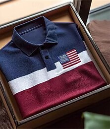 رخيصةأون -رجالي قميص الجولف قمصان بولو الجولف عمل فضفاض Lapel كم قصير أساسي الحديث ألوان متناوبة العلم الوطني بقع Buttons الصيف الربيع عادي أزرق البحرية قميص الجولف