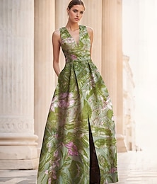 billige -Grønn jacquard brokade blomster A-Line kveldsdrakt elegant kjole formell bryllup golvlang uten ermer V-hals nylon med slitt lomme bryllupsgjest kjole