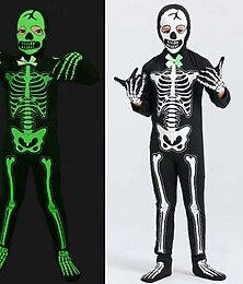 abordables -Crâne Squelette Halloween Costume Combinaison Combinaisons Fluorescent Horreur Déguisement effrayant Enfant Garçons Fille Halloween Carnaval Performance Soirée Déguisements d'Halloween faciles Se
