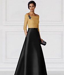 preiswerte -A-Linie Bodenlang Abendkleid Halbarm Schulterfrei Elegant Farbblock Formell Hochzeitsgast Satin Brautmutterkleid mit Gerafft
