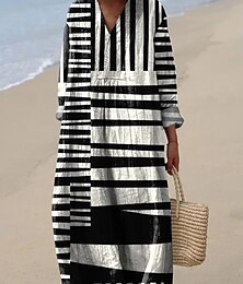 abordables -Femmes Robe Midi Robe d'Été Robe trapèze Vacances Occasionnel Boho Sortir Plage Graphique Géométrique Rayure manche longue Col en V Frêne Noir Jaune Bleu Été Printemps Automne