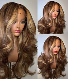 abordables -Perruque Cheveux Naturel Rémy 5x5 Fermeture dentelle frontale 13x4 Cheveux Brésiliens Ondulé Marron Raie au milieu Femmes Densité 150% 180% we say baby hair Cheveux Ombrés Cheveux Mèches / Balayage