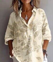 baratos -Mulheres Camisa Social Gráfico Folha Vintage Diário à moda Manga Longa Colarinho de Camisa Tops regulares Trabalho Diário Feriado Botões Imprimir Rosa avermelhado Amarelo Azul Verão Primavera Outono