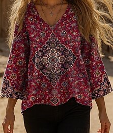 economico -Per donna Blusa Grafico Paisley Bohemien Vintage Elegante Manica 3/4 Scollo a V Top Regolari Quotidiano Nero Rosso Blu Fucsia Verde Estate Primavera Autunno