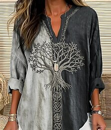 levne -Dámská halenka s grafickým potiskem vintage denní ležérní dlouhý rukáv výstřih do V regular topy kmenové strom života vintage designérský základní potisk dovolená ulice na cesty denní svátek knoflíky potisk šedá jaro podzim