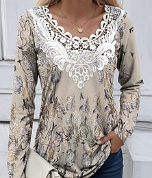 billige -Dame T skjorte Blomstret Grafisk Planter Mote Stilfull Fritid Langermet Crew-hals Vanlige topper Daglig Blonde Snørehull Svart Hvit Kakifarget Vår Høst