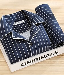 billige -Herre Nattøy Pyjamas Sett Pyjamas topp og bukse 1set Stripe Mote Stilfull Klassisk Hjem Daglig Seng Polyester Komfort Myk Pustende Knaphul Langermet Skjorte Bukse Elastisk midje Knapper Vår Høst Bl