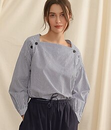 abordables -Chemise femme 100% coton rayée élégante vintage quotidien manches longues manches évêque col carré régulier hauts travail quotidien vacances boutons asymétrique bleu été printemps automne