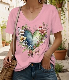 billige -Dame T skjorte Hjerte Blomstret Grafisk Årgang Mote Hawaiisk Kortermet V-hals Vanlige topper Daglig Ut på byen Helg Trykt mønster Svart Hvit Gul Rosa Blå Sommer Vår