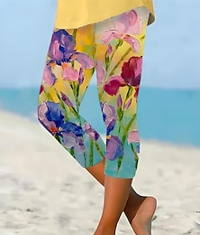 abordables -Leggings Capri pour femmes haute élasticité mode vacances hawaïenne longueur cheville taille mi-haute impression florale thermique chaud respirant doux vacances décontractée quotidienne jaune clair