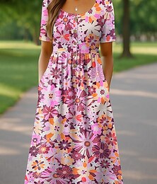 abordables -Femmes Robe Midi Robe Décontractée Robe d'Été Robe trapèze Robe d'été Vacances Occasionnel Chaussures de plage Fête Coupe régulière Fleuri Graphique Manche Courte Col ras du cou Rose Claire Bleu