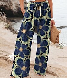baratos -Mulheres Perna larga Calças Calça Palazzo Moda Roupa de rua Comprimento total Cintura Alta Flor Cintura elástica Com Cordão Imprimir Respirabilidade Confortável Rua Roupa Diária Para Noite Azul