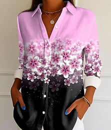 お買い得  -女性用 シャツ オンブル’ フラワー グラフィック エレガント ヴィンテージ トロピカル風 長袖 シャツカラー レギュラートップス ワーク 日常 ボタン プリント ピンク ブルー パープル グリーン 夏 春