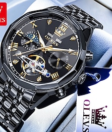 abordables -OLEVS Hombre Relojes Mecánico Al Aire Libre Moda Reloj Casual Reloj de Muñeca Cuerda Automática Pantalla de fase lunar Luminoso Calendario perpetuo Acero Reloj