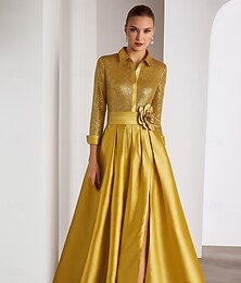 preiswerte -Schwarze Krawatte A-Linien Abendkleid Elegantes Kleid Formelle Hochzeit Bodenlang Lange Ärmel Hemdkragen Capes Satin mit Glitzer Falten