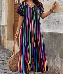 abordables -Femmes Robe maxi Robe trapèze Occasionnel Extérieur Plage Coupe Ample Rayure Manche Courte Col en V Rose Claire Rouge Bleu Violet Été Printemps