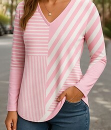 baratos -Mulheres Camiseta Gráfico Geométrica Listrado Vintage à moda Clássico Manga Longa Decote V Tops regulares Diário Imprimir Rosa Azul Roxo Laranja Cinzento Primavera Outono