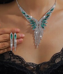 abordables -Conjunto de joyas de cristal de lujo para mujer: collar plateado y pendientes colgantes con detalles de piedras preciosas verdes, elegantes accesorios llamativos para cócteles y fiestas nocturnas.