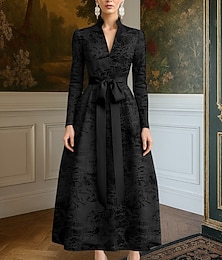 voordelige -A-lijn Tot de grond Cocktailjurken Avondjurken Feestjurken Elegant Vintage Zwart jurkje Lange mouw V-hals Formeel Bruiloft Zak Nylon met Strik(ken) Bandjes