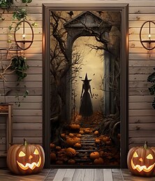 お買い得  -ハロウィンドアカバー魔女ドアタペストリードアカーテン装飾背景ドアバナー前ドアファームハウスホリデーパーティー屋内屋外装飾用品