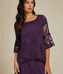abordables -Mujer Camisa de encaje Blusa Tops elegantes Tops de gasa Color sólido Floral Flor Elegante Manga 3/4 Campana Escote Barco Tops regulares Invitado a la boda Trabajo Diario Costura asimétrica Color