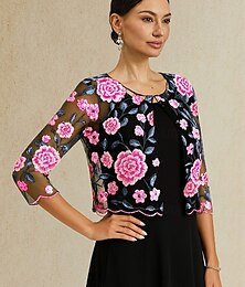 abordables -Femmes Blazer Léger Dentelle Broderie Élégant Fleuri Formel Court Col Rond Coupe régulière Manche 3/4 Vêtements d'extérieur Fuchsia Été Printemps
