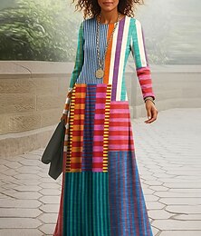 ieftine -Pentru femei Rochie Maxi Rochii Tricou Rochie A line Rochie de vară Vacanță Casual Stiluri de Plajă Zilnic Fit regulat Grafic Geometric Manșon Lung Stil Nautic Roșu-aprins Albastru piscină Portocaliu