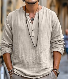 economico -Per uomo Camicia Camicia di lino Camicia popover Camicia Estiva Camicia da Spiaggia Semplice Vacanza Casuale Nero Blu Cachi Manica Lunga Colletto alla coreana Primavera & Estate Abbigliamento