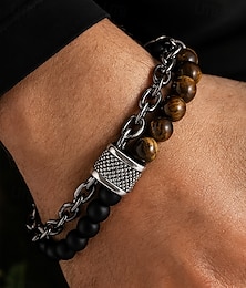 abordables -Pulsera de cadena con cuentas de piedra natural para hombre: pulsera ajustable de dos hilos con cierre de palanca para un estilo informal, urbano y de fiesta.
