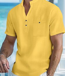 economico -Per uomo Camicia Camicia di lino Camicia popover Camicia casual Camicia di cotone Semplice Vacanza Streetwear Bianco Giallo Rosa Albicocca Manica Corta Colletto alla coreana Estate Abbigliamento Tasca
