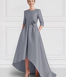 preiswerte -A-Linie Abendkleid Elegantes Kleid Formal Hochzeit Asymmetrisch Halber Ärmel Crew-Ausschnitt Mutter der Braut Kleid Stretch Satin mit Tasche