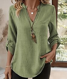 abordables -Mujer Camisas de algodón y lino Color sólido Elegante Casual Manga Larga Escote en Pico Tops regulares Diario Botones Azul Piscina Morado Verde Trébol Caqui Beige Verano Primavera