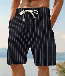 お買い得  -男性用 ショーツ リネンショーツ サマーショーツ ビーチショーツ 弾性ウエスト ドローストリング 縞 履き心地よい 高通気性 膝丈 アウトドア カジュアル 日常 旅行度假风 ファッション ブラック ホワイト 伸縮性なし