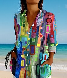economico -Per donna Camicia Grafico Geometrico Plaid Vintage Tropicale Quotidiano Manica Lunga Colletto a Camicia Top Regolari Lavoro Quotidiano Ferie Bottoni Stampato Giallo Rosso Blu Viola Verde Estate
