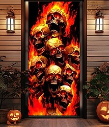 abordables -Couverture de porte Halloween – Armée de crânes enflammés de l'enfer bannière d'entrée de maison hantée décoration extérieure effrayante Halloween 2025 pour chambre salon salle de bain