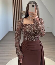ieftine -Rochie de seară elegantă, cu imprimeu de dantelă și bretele, tip coloană / teacă, detașabilă, cu fustă lungă, rochie formală de mireasă, cu trenă periată, mânecă lungă, decolteu pătrat, cu paiete și
