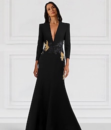 abordables -Vestido de Cóctel de Sirena de Noche Manga Larga Cuello en V Gown de Crepé elástico Vestidos Elegantes Formales de Boda Longitud del Suelo con Brillos