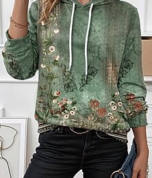 baratos -Mulheres Pulôver Moletom Com Capuz Floral Gráfico Elegante Quente Ativo Manga Longa Com Capuz Tops regulares Rua Dia a Dia Casual Patchwork Imprimir Verde Tropa Primavera Outono Inverno