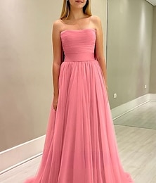 economico -Linea ad A Abiti per invitati a matrimoni Elegante Vestito Ospite di nozze Fidanzamento Lunghezza al pavimento Senza Maniche Senza Spalline Tulle con Fiocco/Fiocchi Pieghe Arricciato 2025