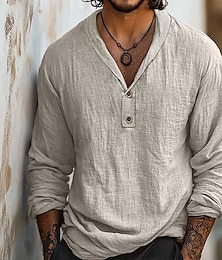 economico -Per uomo Camicia Camicia di lino Camicia popover Camicia Estiva Abbigliamento da spiaggia Tinta unica Vacanza Streetwear Nero Azzurro cielo Cachi Manica Lunga Colletto Estate Primavera Abbigliamento