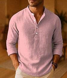 voordelige -Voor heren Overhemd Linnen overhemd Popover-shirt Normaal shirt Katoenen shirt Effen Vakantie Hawaii Zwart Wit Roze Khaki Lange mouw Band Kraag Lente Herfst Kleding