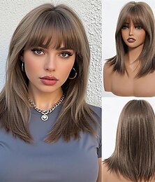 levne -Krátká hnědá paruka s ofinou, světle hnědé bob paruky, 16 palců, střední délky, rovná bob paruka pro ženy, blond melír, syntetická paruka, tepelně odolné vlákno
