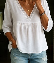 economico -Per donna Camicia di Pizzo Tinta unica Elegante Casual Manica 3/4 Scollo a V Top Regolari Quotidiano Bordo in pizzo Bianco Blu Verde Beige Estate Primavera Autunno