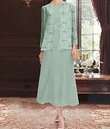 abordables -Robe de mère de la mariée en dentelle à paillettes, deux pièces, coupe trapèze, élégante, simple, luxueuse, en mousseline, col bateau, longueur midi, sans manches, avec veste à manches longues, 2025